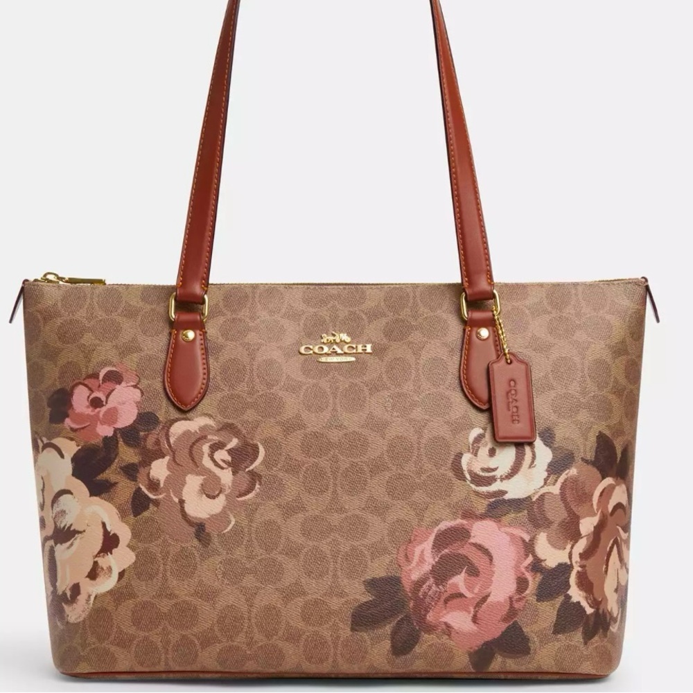 COACH CZ180 Gallery Tote Shoulder Bag Signature Canvas Rose Print Gold Tan NWT